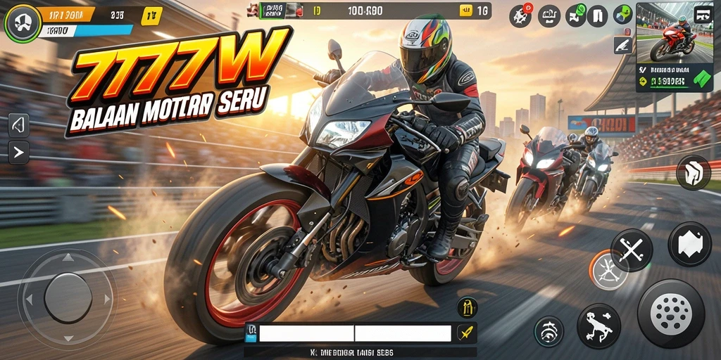 Screenshot gameplay 7777W menampilkan balapan motor yang intens dan mendebarkan.
