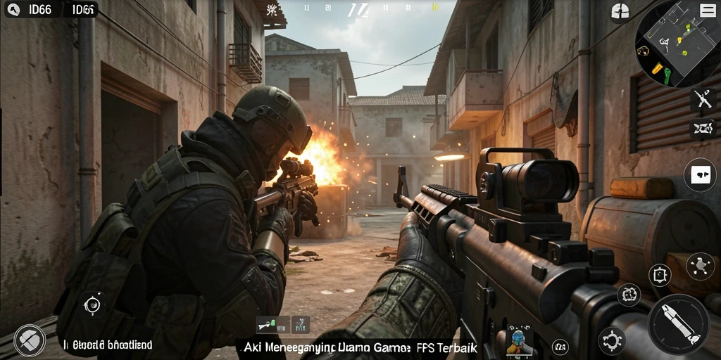Screenshot gameplay ID66 menampilkan aksi pertempuran FPS yang mendebarkan.