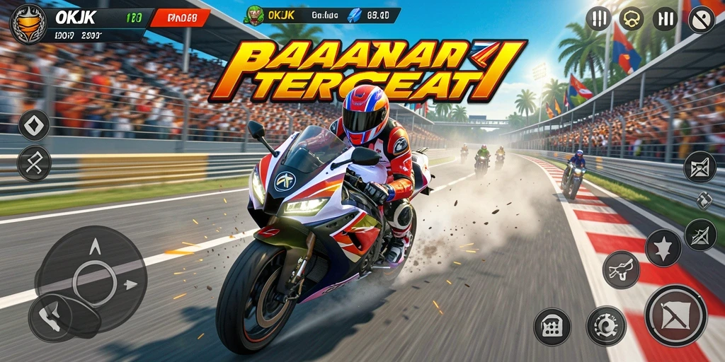Screenshot dari gameplay balapan motor yang seru dan menegangkan.