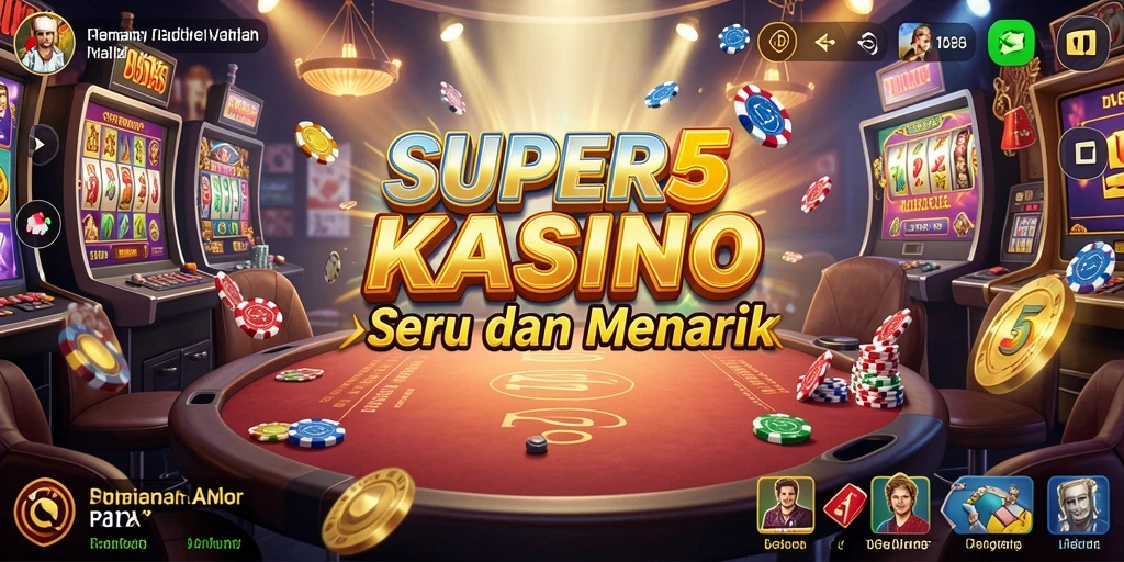 Screenshot gameplay utama SUPER5 yang menampilkan suasana kasino yang mendebarkan.